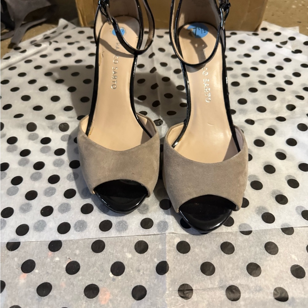 Franco Sarto Black and Tan Open-Toe Heels